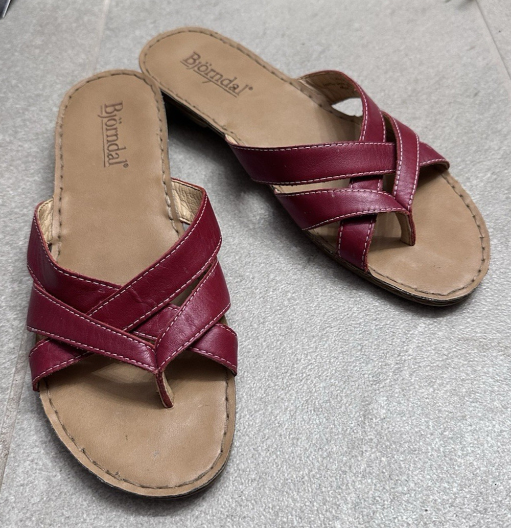 Bjorndal Laura Womens Red Leather Criss-Cross Strappy Open Toe Sandals Size 9.5